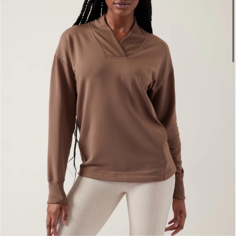 Athleta Clarity V-Neck Sweatshirt Rustic Beige - Picture 1 of 11